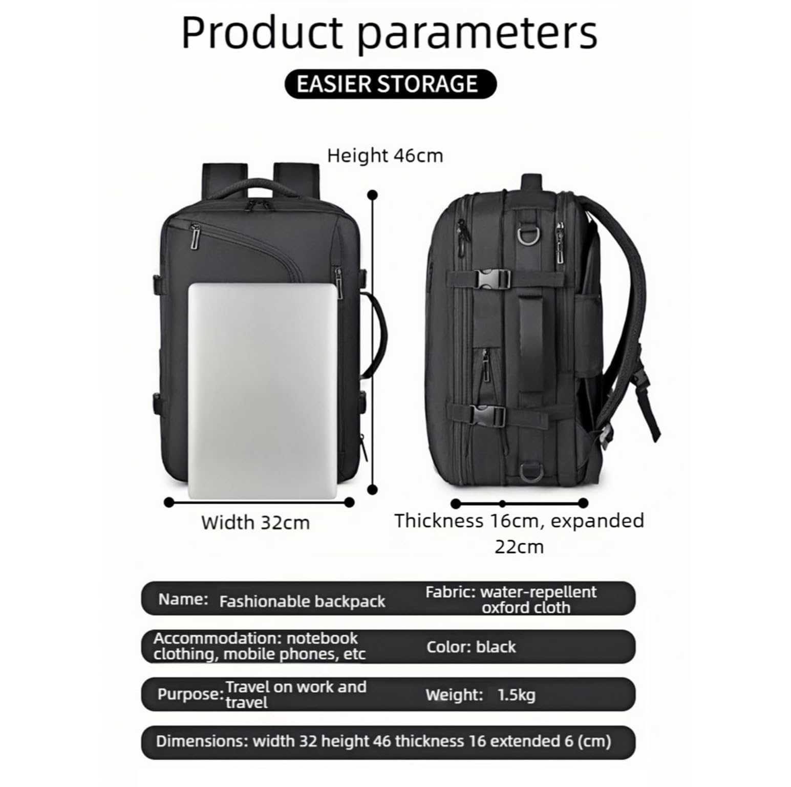 Sac a Dos sous Vide de Voyage Cabine Avion avec Pompe Électrique – Sac de Compression avec Airbag, Bagage à Main Imperméable Sac à Dos Ordinateur pour Travail de Randonnée Homme Femme