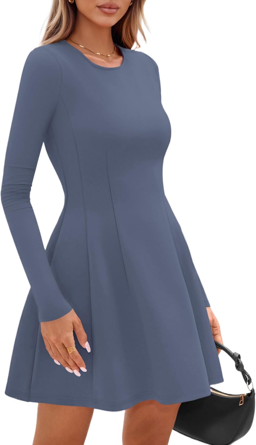 PRETTYGARDEN Long Sleeve Mini Dress for Women 2026 Spring Crewneck Knit Pleated Babydoll A Line Casual Short Party Dresses - Image 4