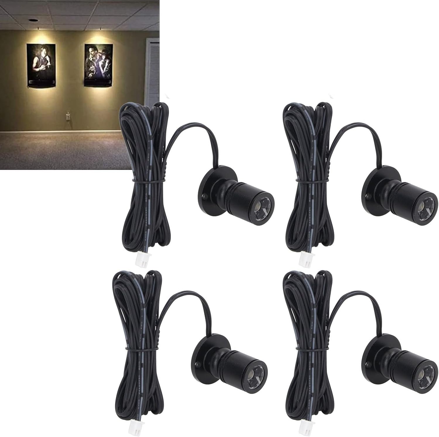 Garosa LED Display Spotlights, Dimmable USB Mini Spotlight, Adjustable Brightness Warm Light for Artwork Jewelry Display, 4-Pack Black