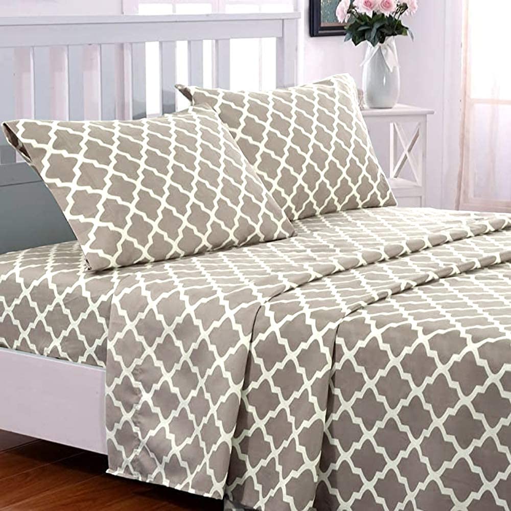 Lux Decor Collections Bed Sheet Set - Brushed Microfiber 1800 Bedding - Wrinkle, Stain and Fade Resistant - Hypoallergenic - 4 Piece (Queen, Quatrefoil Taupe)