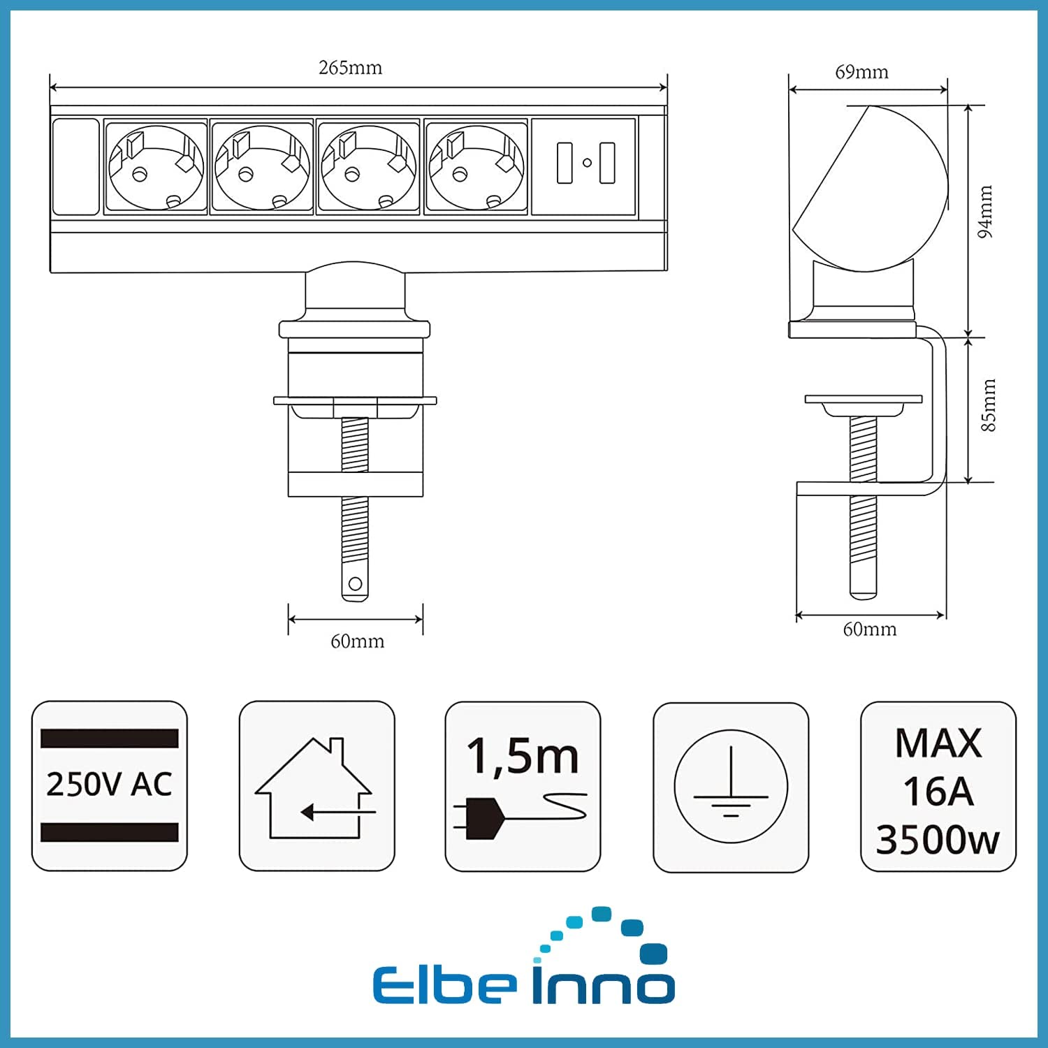 Regletas con USB, Enchufes Multiple con 2 Puertos USB 2.4, 4 enchufes alemanes, Conector alemán, Cable de 1,5 m, Abrazadera de Montaje, Apto para oficinas, Salas de reuniones EL10204U