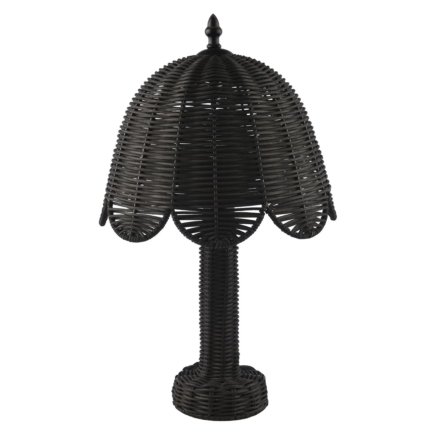 Happy Homewares Traditional Vintage Washed Black Woven Rattan Table Lamp with Scallop Shade and Inline Switch | 43cm x 25cm