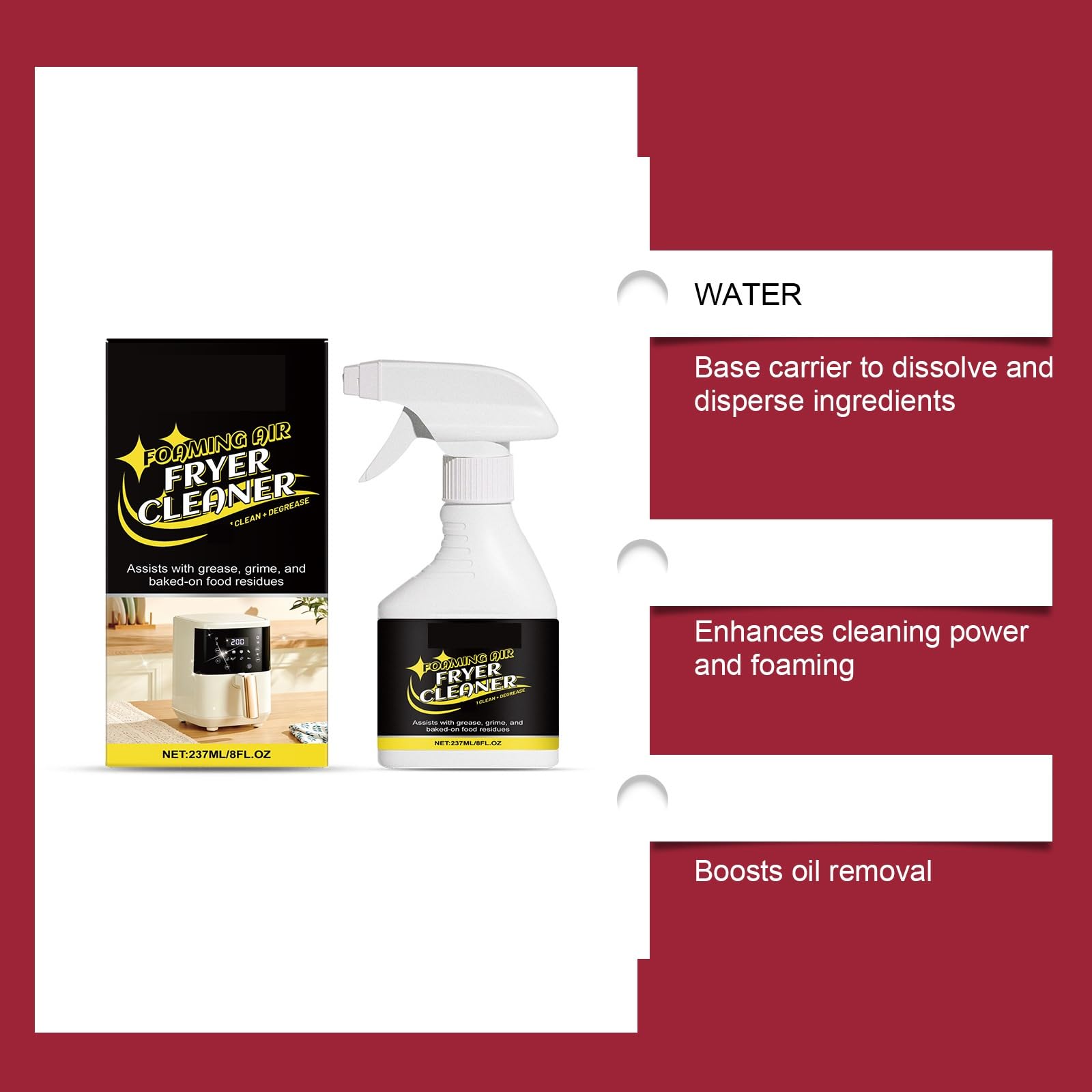 Schaumreiniger für Heißluftfritteusen, Hochleistungs-Entfettungsspray, entfernt eingebrannte Speisereste, Fett, Schmutz Ölrückstände, nicht ätzend, rauchfrei, schnell wirkend, für die tägliche (PCS4)