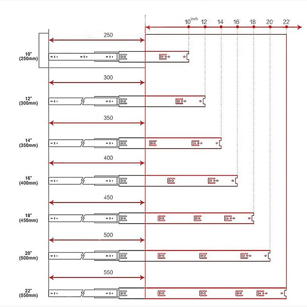 Guide per cassetti per carichi pesanti, Guide for cassetti nascoste a estrazione totale con chiusura ammortizzata sottotop, confezione da 2, argento, 300-500 mm(350mm/14inch)