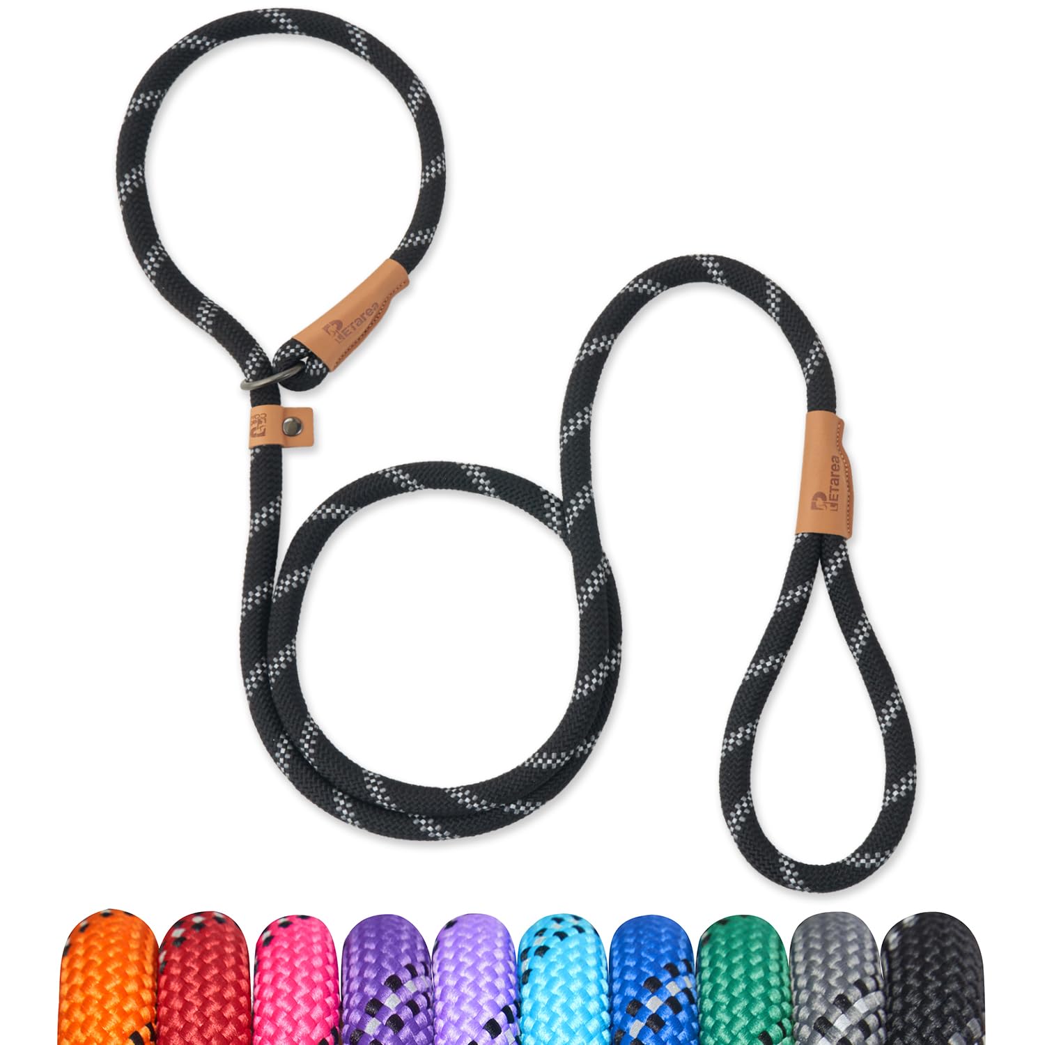Petarea 5 FT Slip Lead Dog Leash, Heavy Duty Rope Leash for Small Medium Large Dogs, No Pull Training Lead with Reflective Thread, Strong Comfortable Loop Leash (Black Stripe, Large(1/2"))