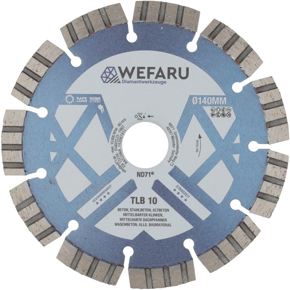 Diamanttrennscheibe TLB 10 Ø 140 mm – Turbo-Segmente, 22,23 mm Bohrung, 10 mm Segmenthöhe – Profi-Trennscheibe für Beton, Ziegel, Waschbeton, Kalksandstein – Nass- & Trockenschnitt