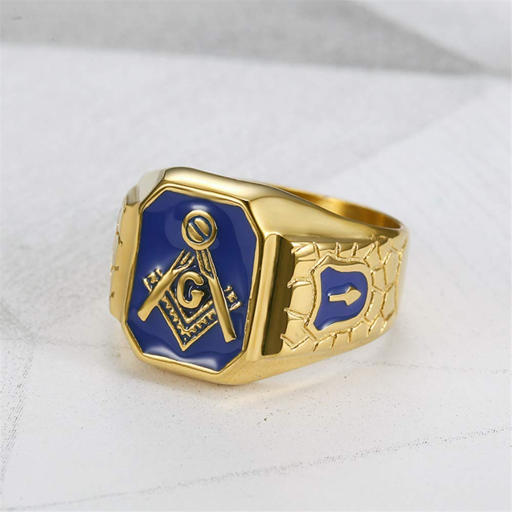Anillos masónicos de acero inoxidable chapados en oro para hombre, con símbolo masónico azul G Lodge Master Mason Signnet Biker Band, Oro, chapado en oro, metal, acero inoxidable 3