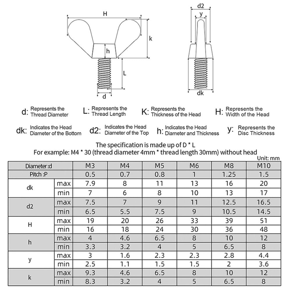 10 Stück Flügelschrauben M6x40mm Edelstahl 304 - Schmetterlingsschrauben 4.8 Klasse