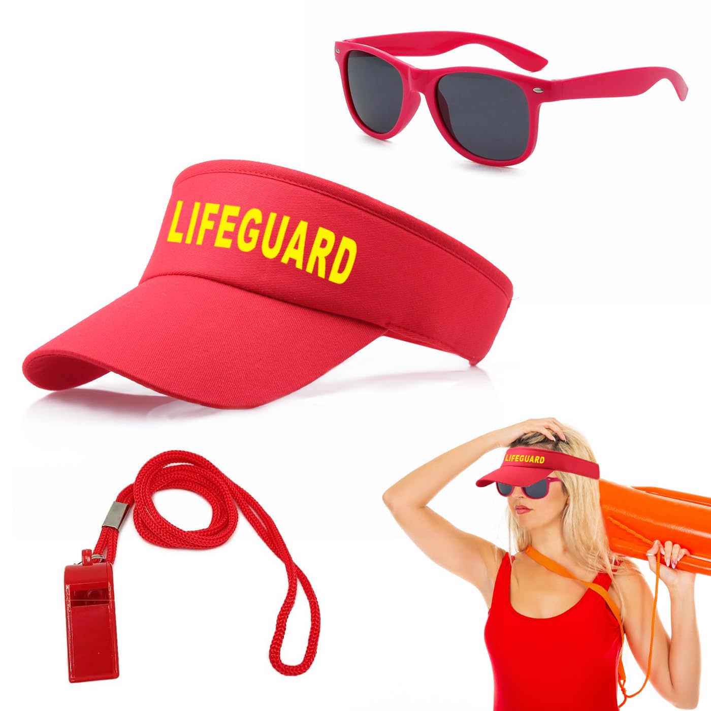 SSKHE Lifeguard Costume Set include Include Lifeguard Hat,Guard Whistle and Sunglasses,Lifeguard Accessories Red Adjustable Sunscreen HatsLifeguard Fancy Dress Costume for Adults Men Women Pool Party