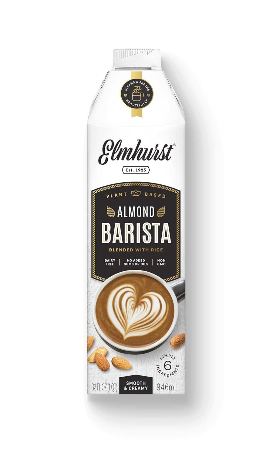 Elmhurst 1925 Almond Milk Barista Edition – 32oz (1-Pack) Plant-Based, Vegan, Dairy-Free, Kosher, Gluten-Free, Non-GMO, Froths for Lattes & Iced Coffee, 3g Protein per Serving, Simple Ingredients
