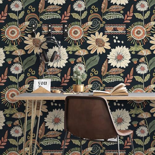 Dviolet Boho Floral Peel and Stick Wallpaper Black Contact Paper 17.3"×118" Vintage Flower Decorative Self Adhesive Removable Wallpaper for Bedroom and Bathroom Wall Paper Decor by Dviolet - Used condition - Image 5