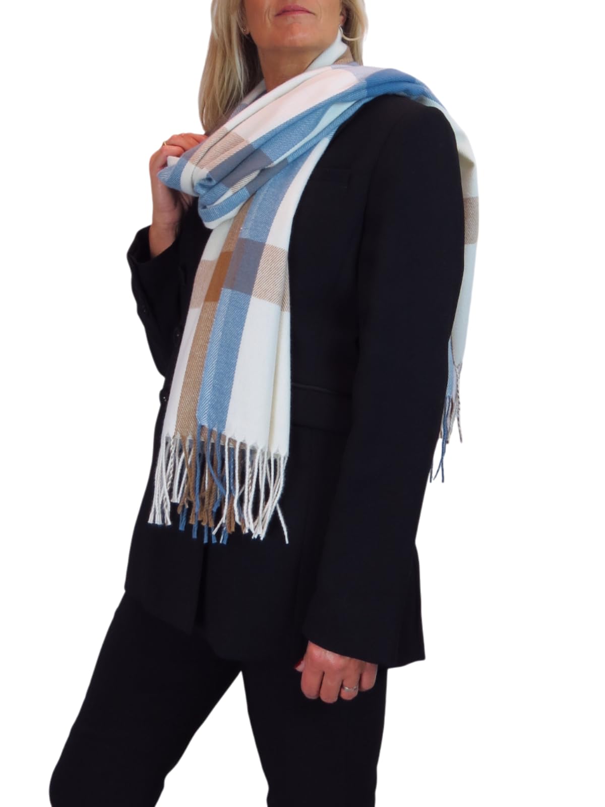 Paulo Due Women's Fine Wool Pashmina Shawl - Supersoft Reversible Plaid Check Blanket Scarf with Tassel Ends, Large Cosy Winter Wrap, Elegant Gift for Women Blue/Brown