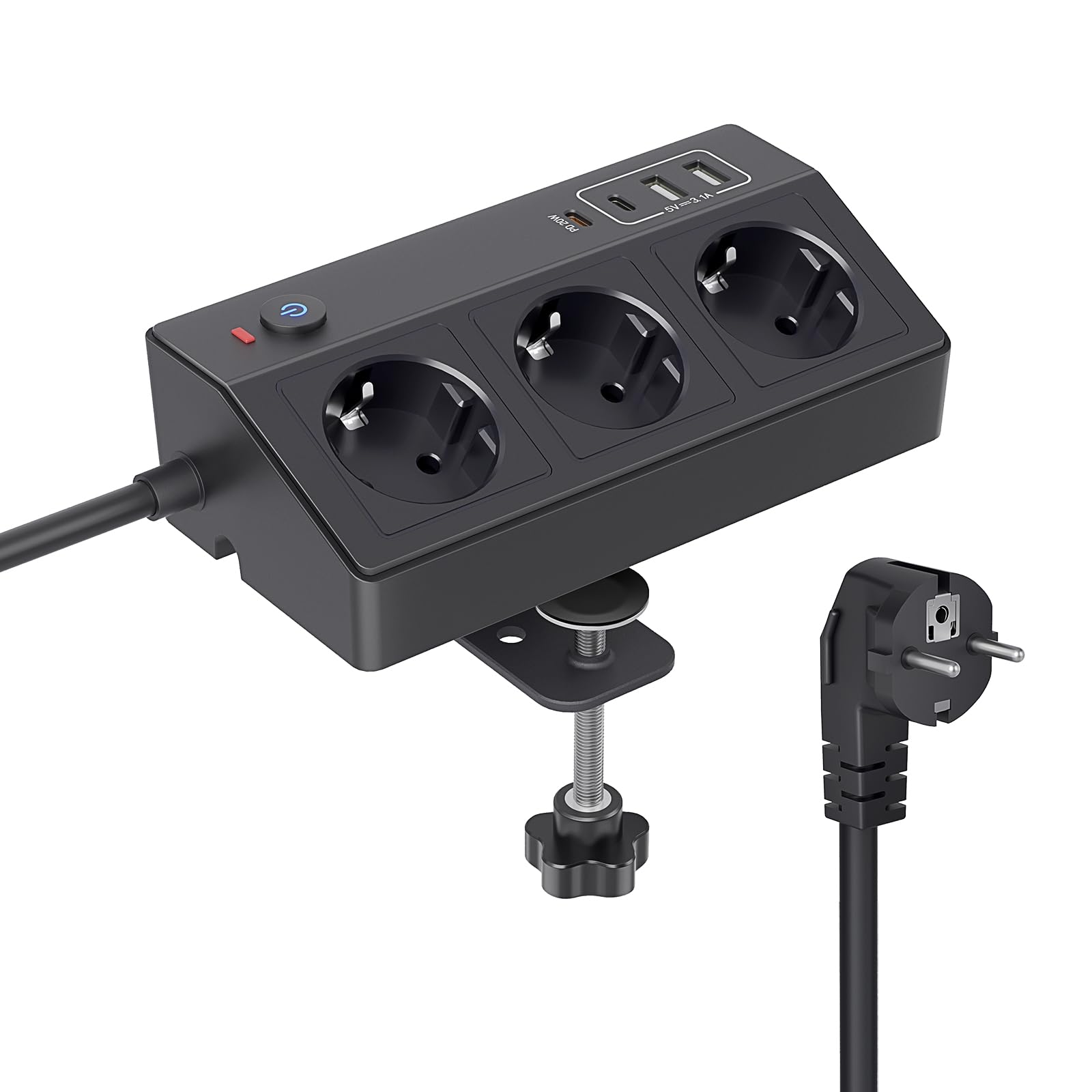 Ciabatta elettrica con USB C, PD20W, STGAROT da tavolo, 3 prese, multipresa da scrivania con 4 USB, 4000 W/16 A, protezione da sovratensione, presa con interruttore, cavo da 5 m, presa da tavolo per