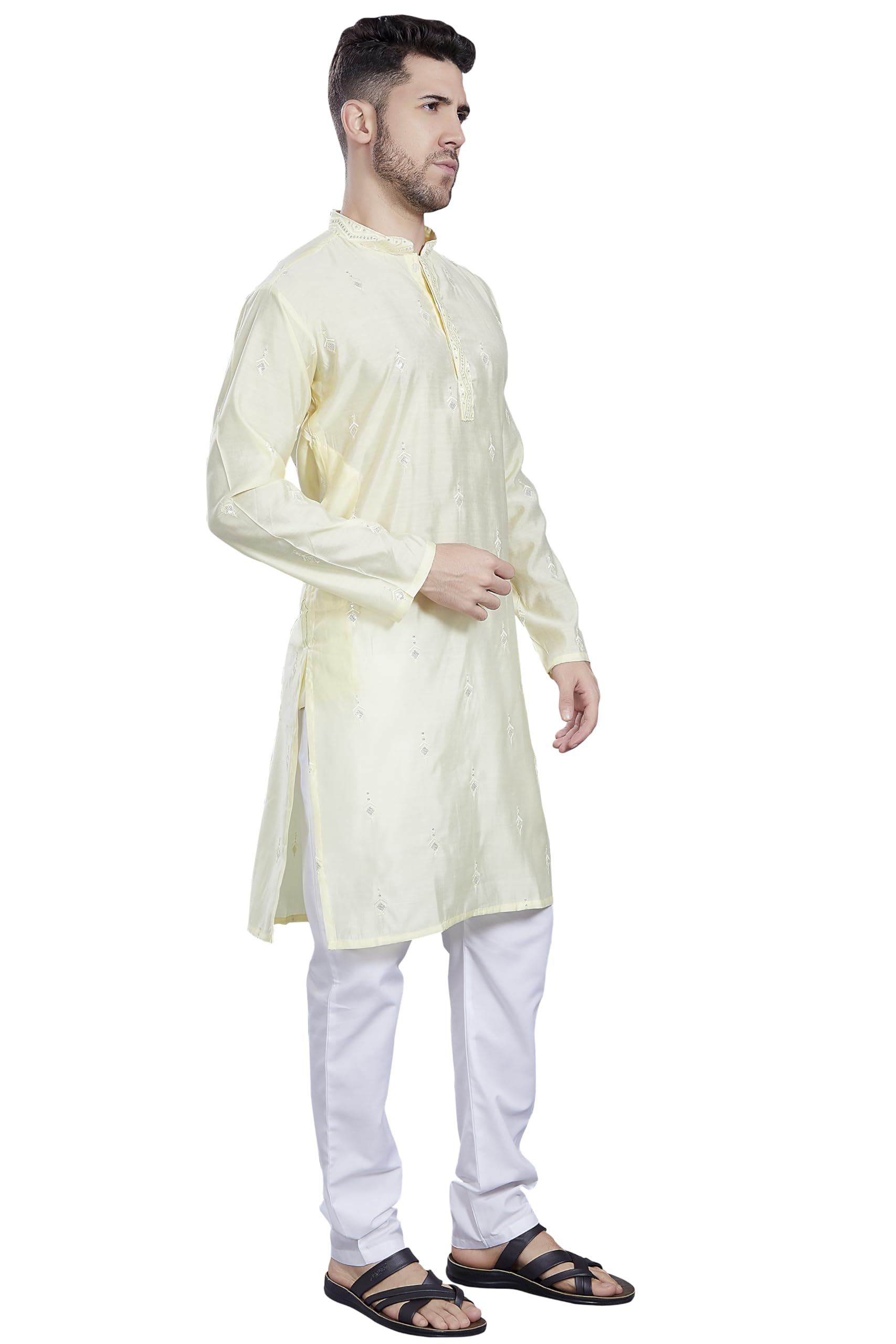 Divisive Men's Embroidered Silk Blend Only Slim Fit Kurta (Dkrt822_Xl_L Yellow)
