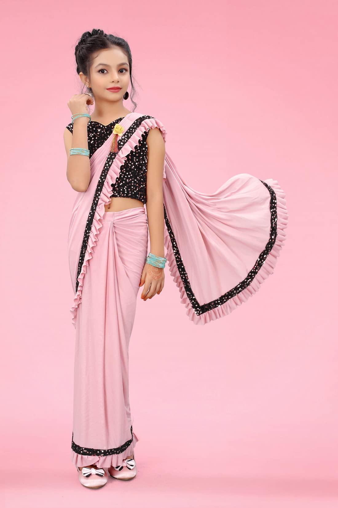 Dhyey fashion Girls Lycra Blend Ruffle Pattern Saree With Velvet Unstitched Blouse Piece - Image 4 thumbnail