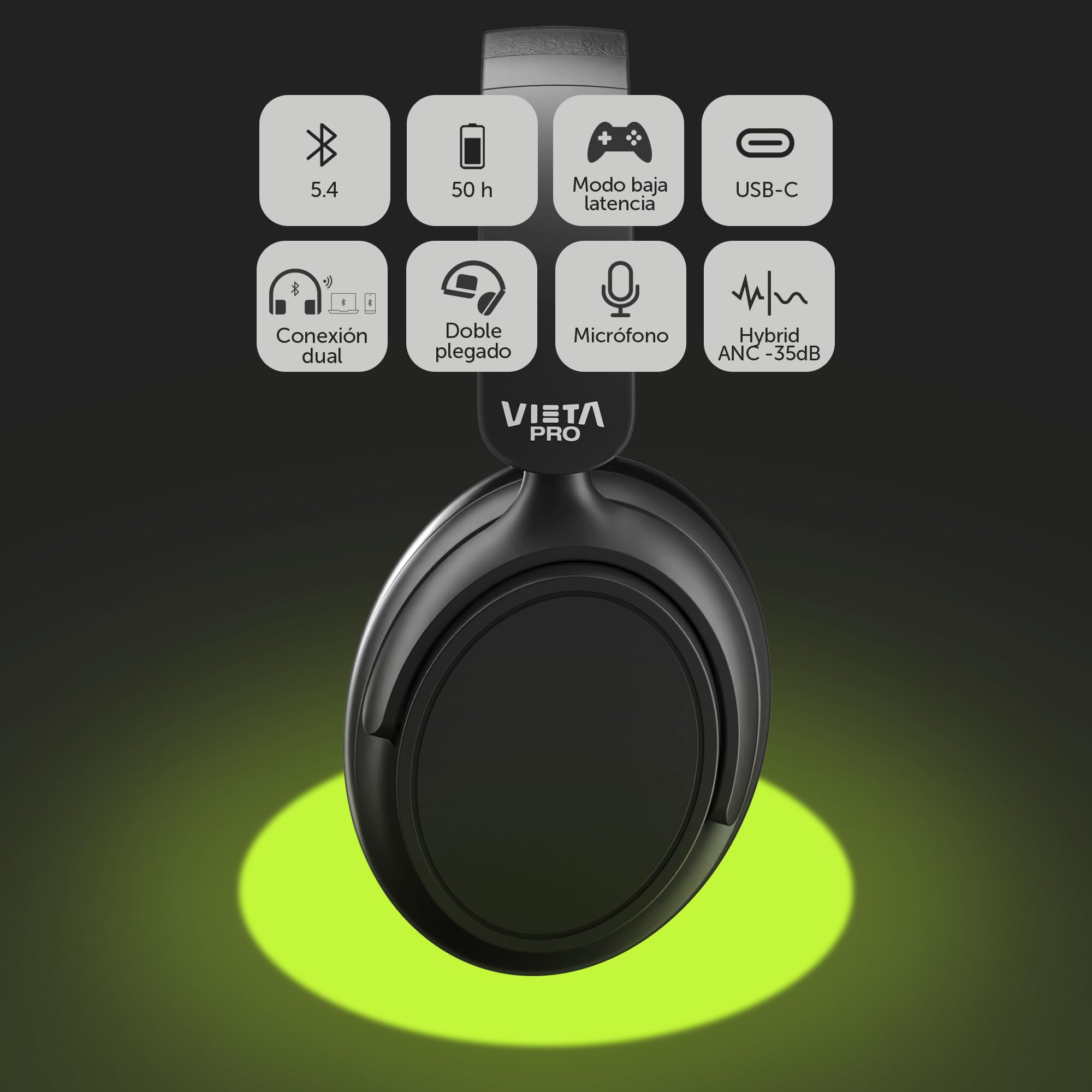Vieta Pro Silence 4 Auriculares de Diadema Inalámbricos Bluetooth con Cancelación de Ruido Híbrida 35dB, 50h de Batería. Cascos Gaming con Micrófono Plegables, USB-C