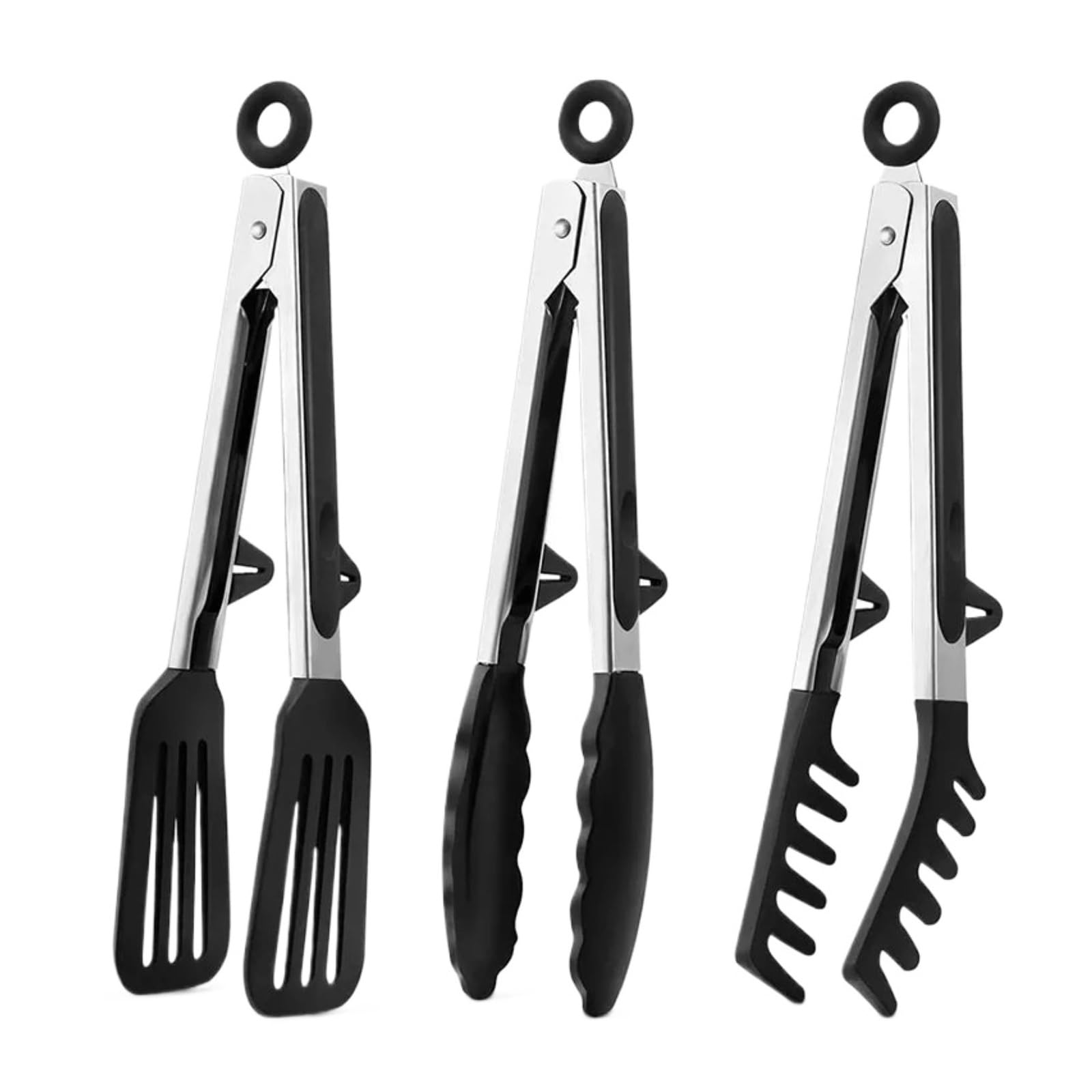 Juego de pinzas cocina silicona 3 uds., antideslizantes acero inoxidable for alimentos, herramientas for barbacoa y parrilla for ensaladas(86-Black-3pcs)