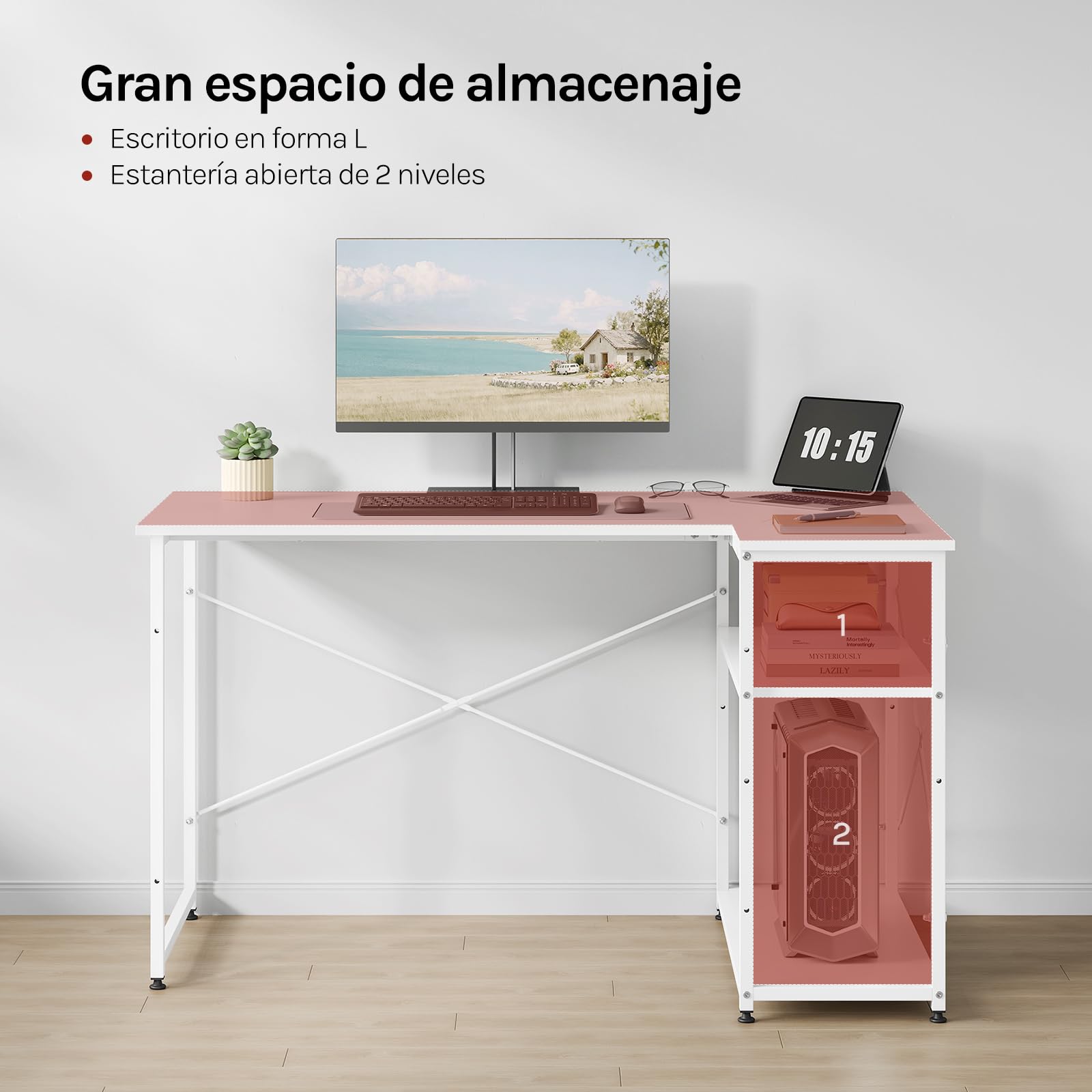 WOLTU Escritorio de Almacenamiento, Mesa Multifuncional | Con Estantería, Blanco Brillante, para Ordenador en Estudio, Dormitorio, 120x73x72 cm