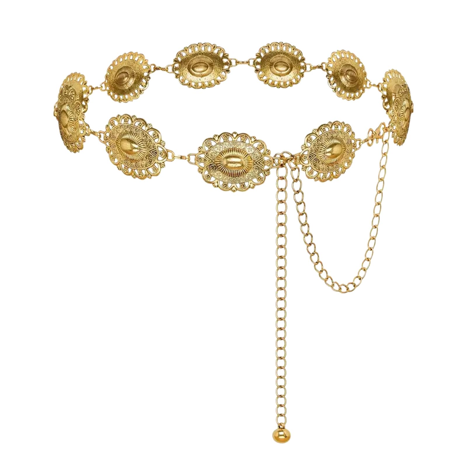 Ttdesefu Unisex Gold Women's Western Cowgirl Concho Belt Metal Vintage Style Adjustable For Dresses, Jeans Country Concerts​ (Gold)
