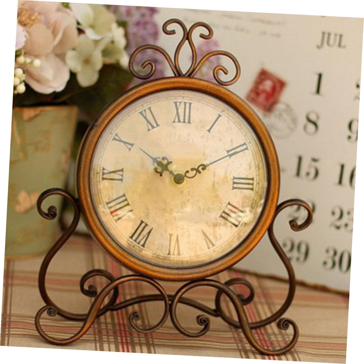 Vintage Iron Tabletop Clock Non-Ticking Retro Mantel Clock for Living Room Fireplace Shelf Brown Without Battery
