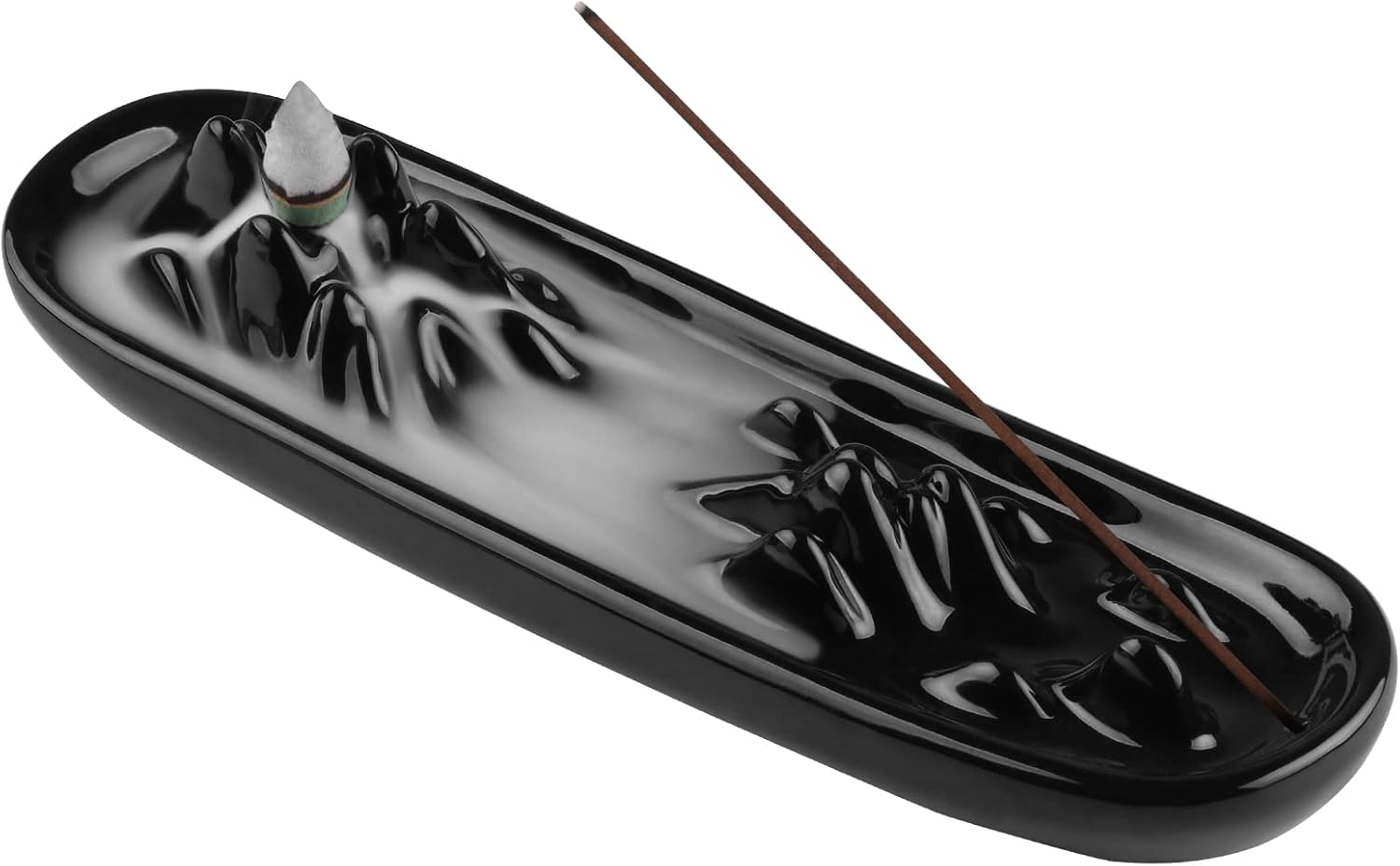 Kokorona Incense Stick Holder Waterfall Incense Burner Backflow Ceramic Incense Holder for Sticks and Cones Handmade Ash Catcher Incense Tray Home Decor Yoga Meditation, Black Glazed