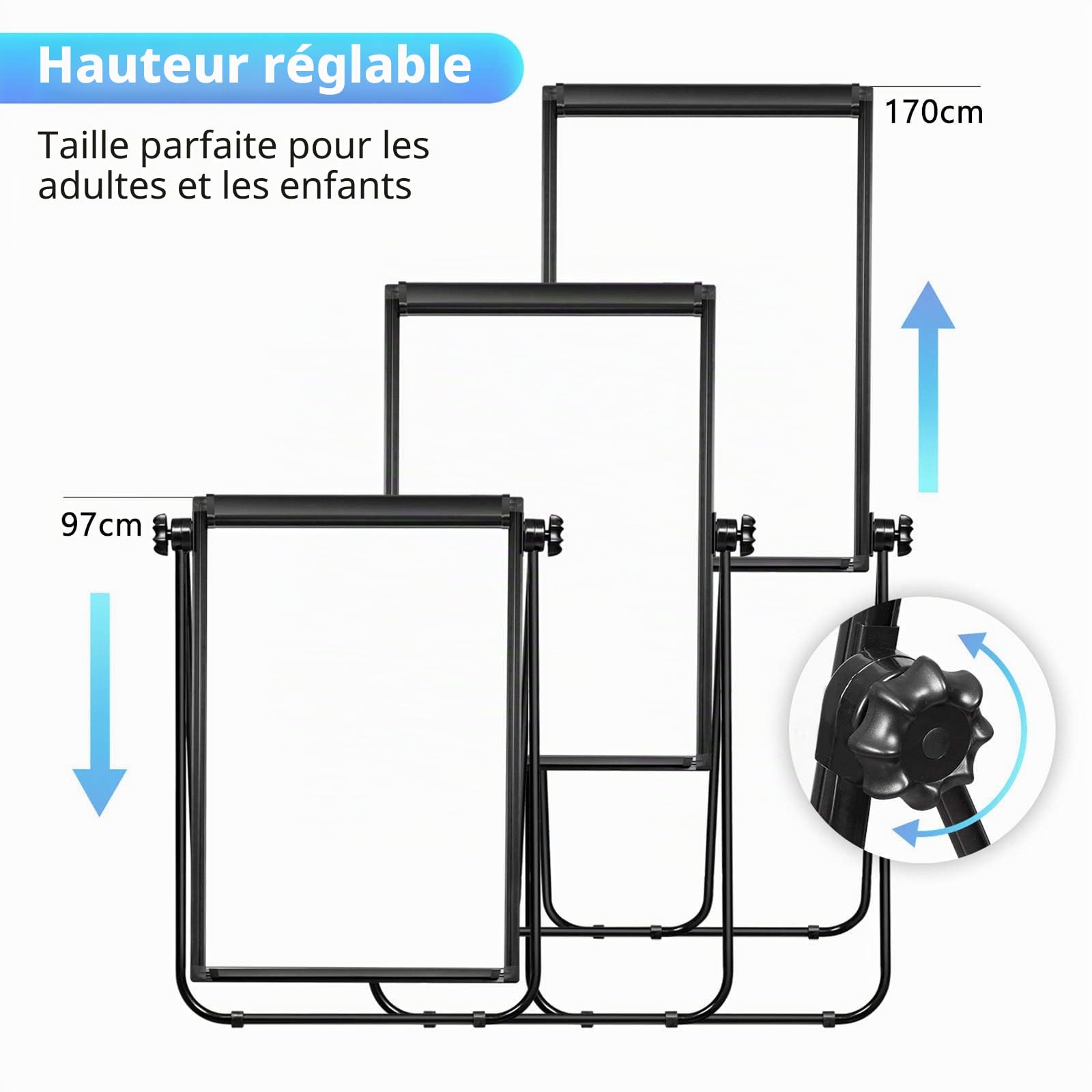 maxtek Tableau Blanc Effacable sur Pied 90 × 60 Cm, Tableau Blanc Magnetique avec Aluminium U-Support, Double Face Whiteboard Effacable à Sec, Mobile Paperboard Pliable Hauteur RéGlable