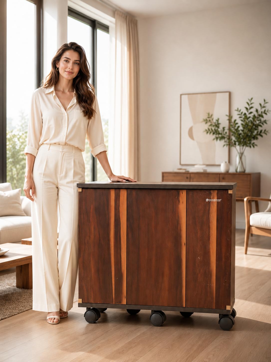 Inverter Battery Trolley with Wheels, Golden Teak Finish, Heavy Duty Wooden Inverter Stand for Home, Durable Battery Storage Cabinet with Castor Wheels-image-15