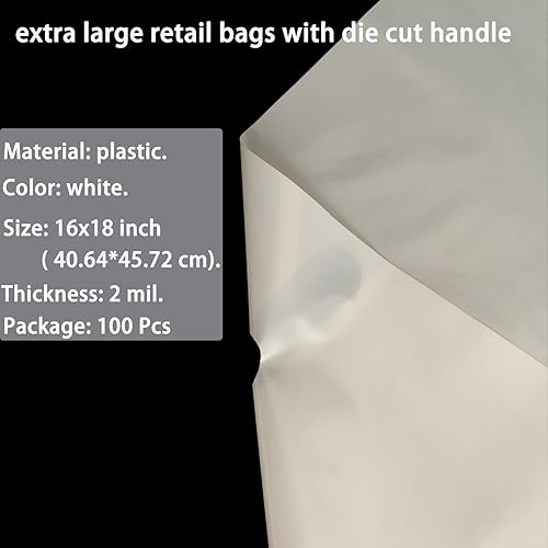 Miniatura 4 de Krodtige Paquete de 100 bolsas de plástico blanco grandes de 16 x 18 x 2 mil de grosor con asas troqueladas, bolsa de plástico brillante perfecta