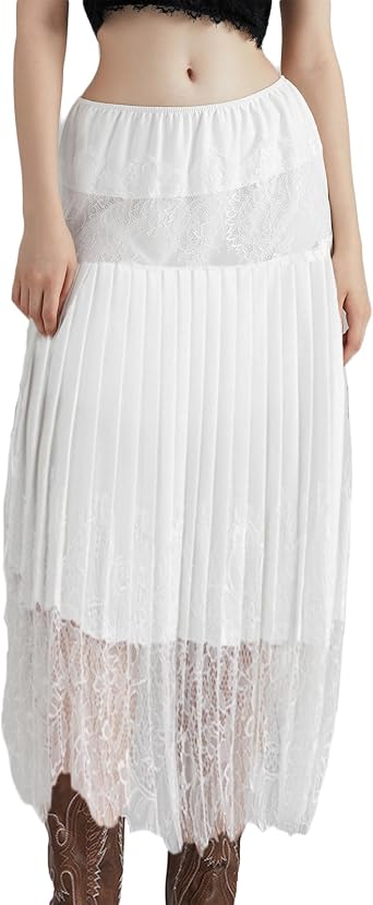 Nicoxijia Womens Y2k Lace Long Half Slip Skirt Lace Long Underskirt Skirt Pleated Ruffle Lace Trim Skirt Long Slips for Dress