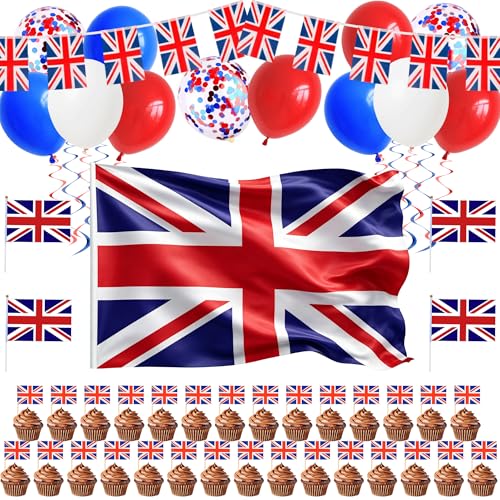 Union Jack Flags Party Decorations - British Flag 5x3 ft Latex Balloons Toothpick Flags and Banner for VE Day Street Party UK Celebration Supplies
