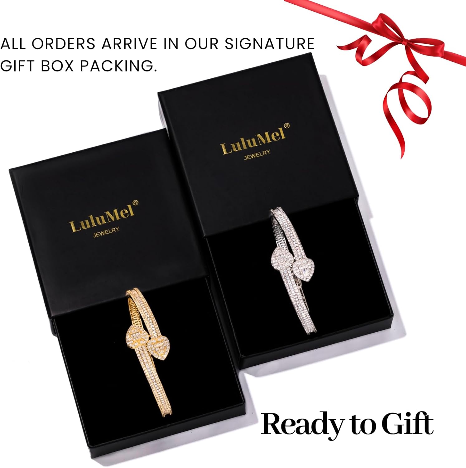 Lulu Mel Iced Heart Bracelet Baguette Bracelet Jewelry Bangle Bracelet for Women, Hip Hop Mens 14k Gold Silver Plated Cubic Zirconia Bangle Bracelet, Women Heart Cuff Bracelet With Jewelry Box - Image 5