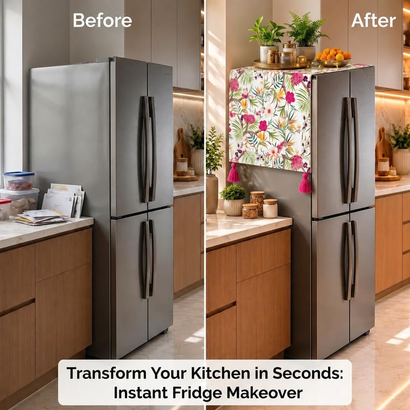 Image of WWW.THROWPILLOW.IN Four Door Fridge Top Cover|Big Size Fridge Cover With Corner Tassels 4 Door Fridge 400+ L|Refrigerator Cover Dustproof Fridge Top Mat|Floral 450 GSM Durable