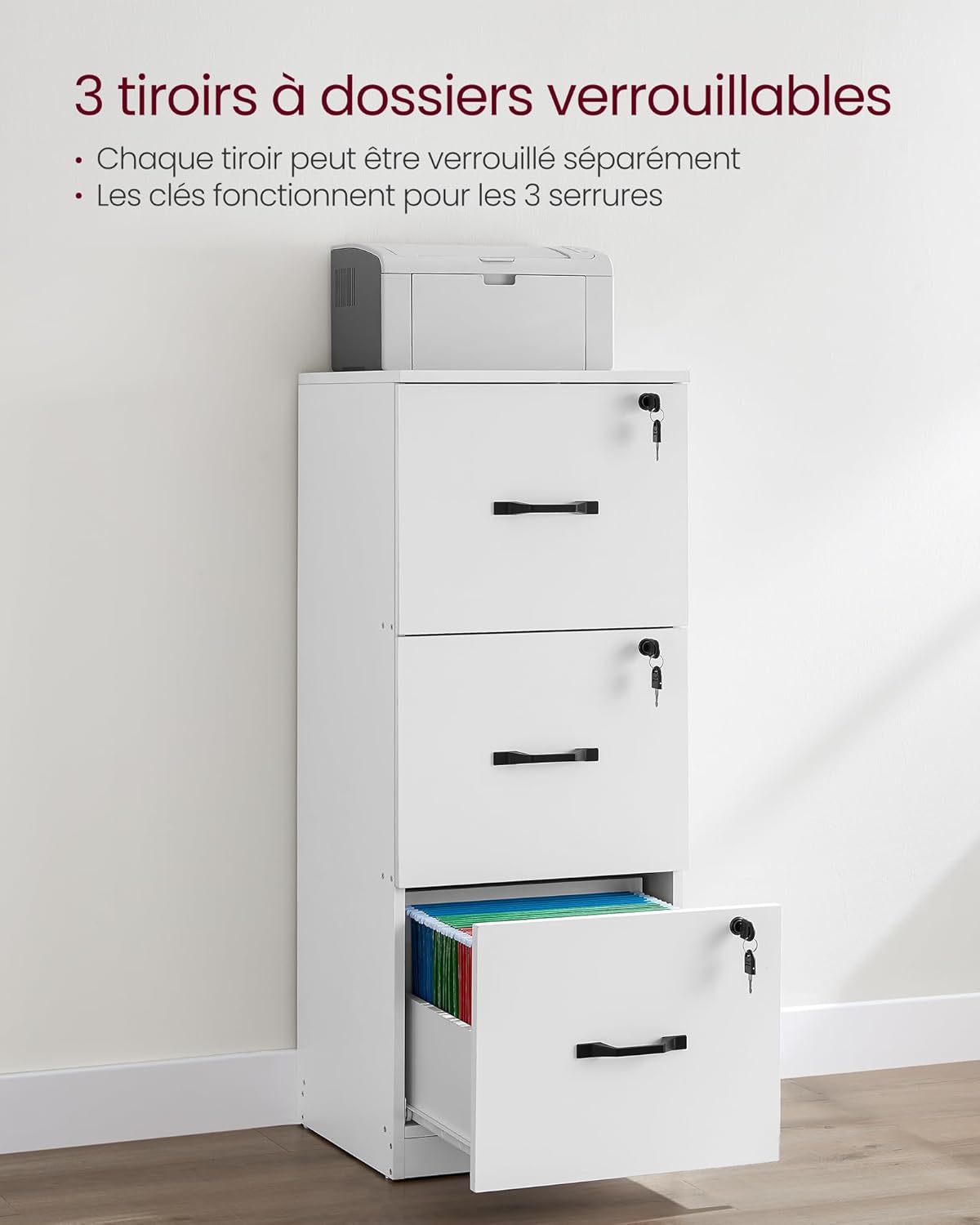 VASAGLE file cabinet with one drawer open, showing the lock and keys.