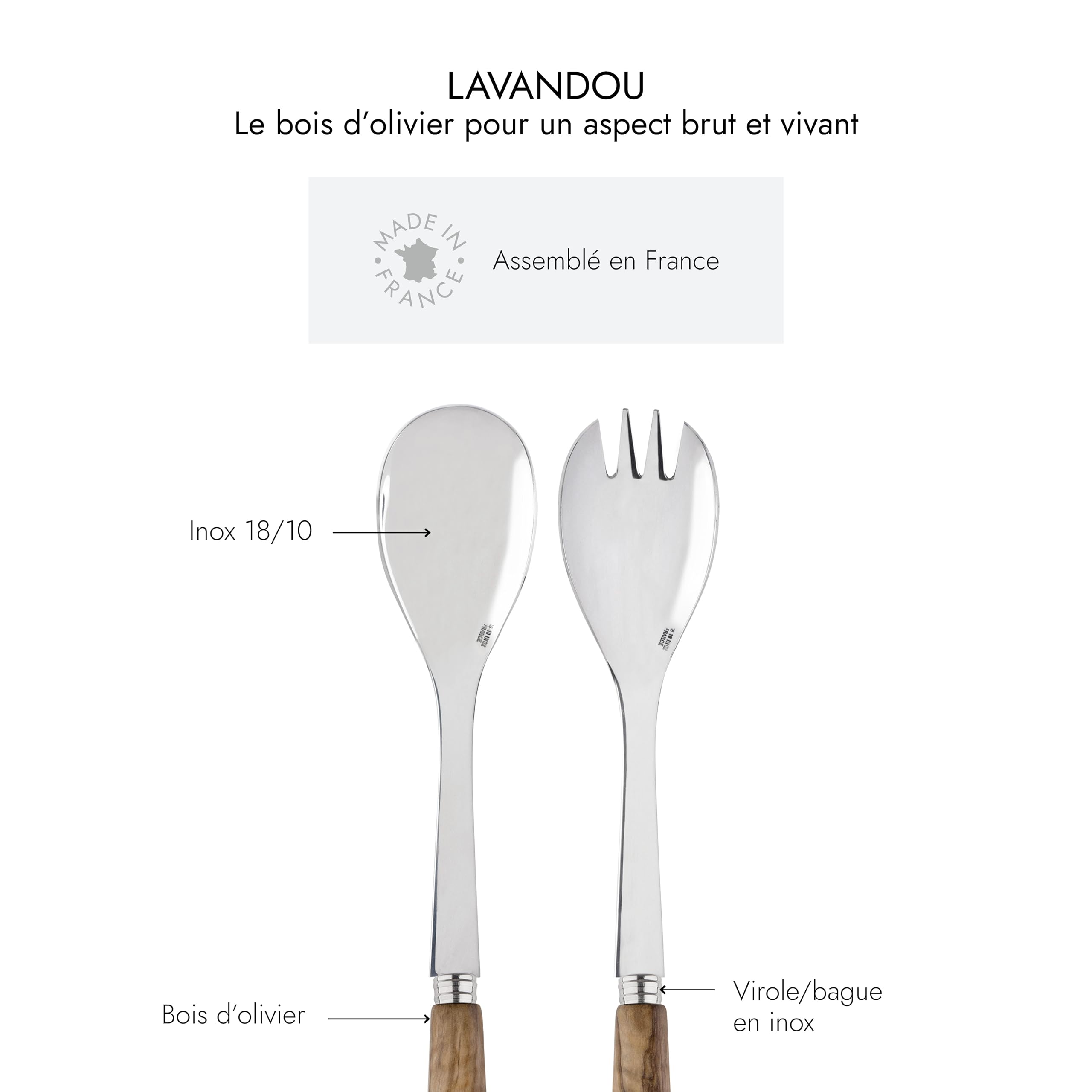 Sabre Paris | Couverts à salade 27cm Lavandou couleur Bois d'Olivier, finition brilante, 2 pièces. Grande fourchette et grande Cuillère en Acier Inoxydable et manche en véritable bois d'olivier