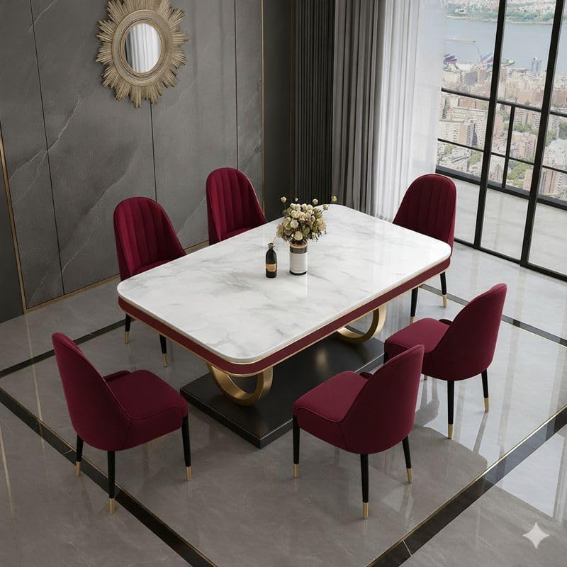 Image of 6-Seater Dining Table with Nano Composite Marble Top and PVC Golden Wooden Base |2yr Warranty - Includes 6 Fabric Upholstered Chairs (Maroon, White Marble Top)