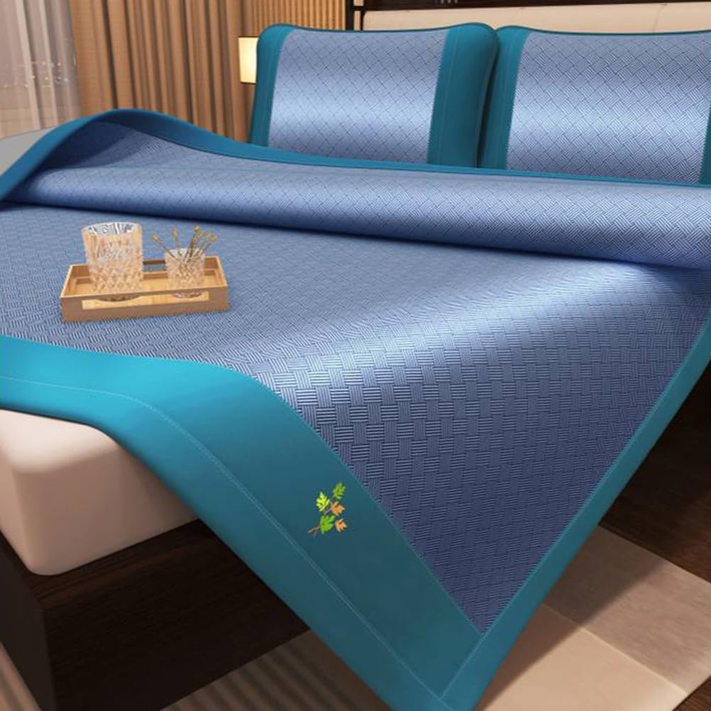 Cooling Mattress Pad for Hot Sleeper, Cool Mattress Cover, Smooth Noiseless Cooling Mattress Protector, Summer Fold Double-Sided Available Bed Floor Sheet Set, 1 x Mat & 2 x Pillowcases,Blue,1.2*1.95c