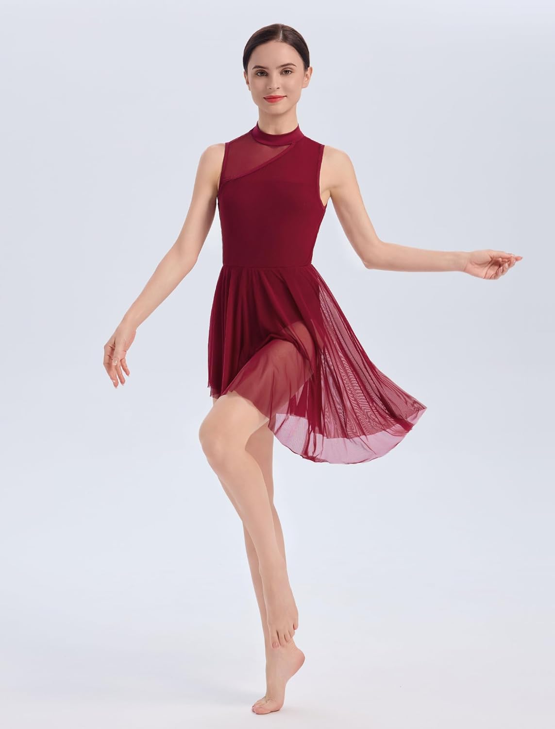 ODASDO Women Lyrical Dance Costumes Asymmetric Tulle Leotard Dress Modern Contemporary Dancewear Sleeveless Mesh Bodysuit