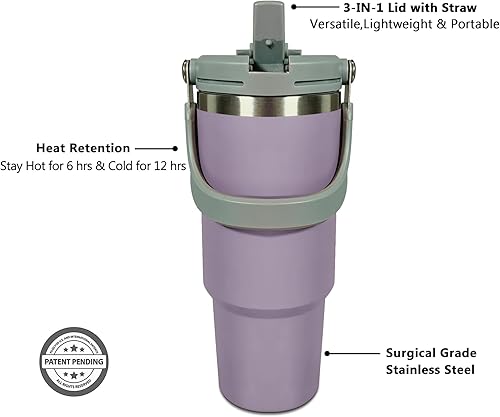 Miniatura 2 de KATAMI Vaso de 30 onzas con asa y popote abatible  Aislado al vacío  Tapa 2 en 1  Cabe en el portavasos  Se mantiene caliente durante 6 horas y frío