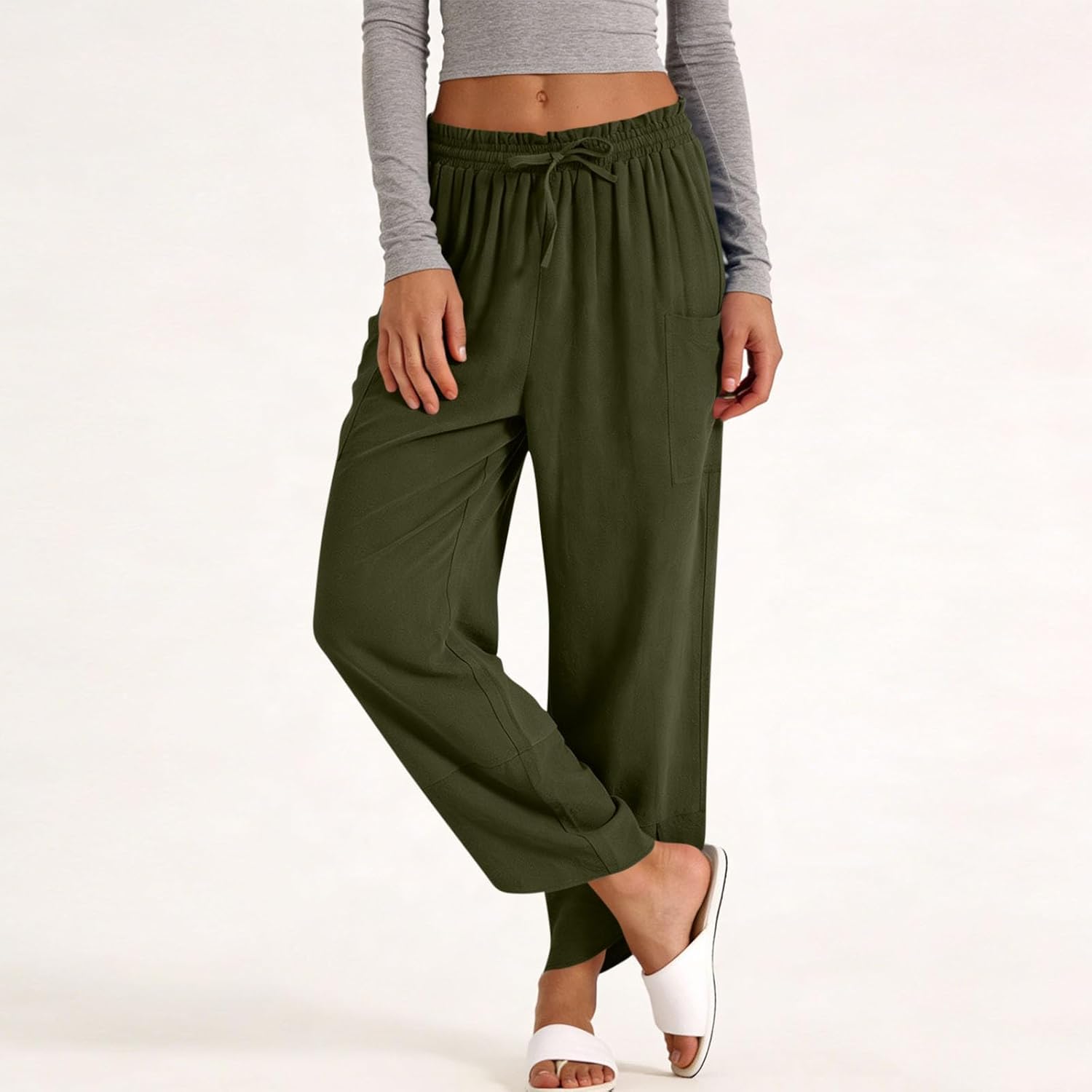 Pants for Women Wide Leg Palazzo Pant 2026 with Pockets Summer Casual Loose High Waisted Flowy Cropped Beach Trousers - Image 5