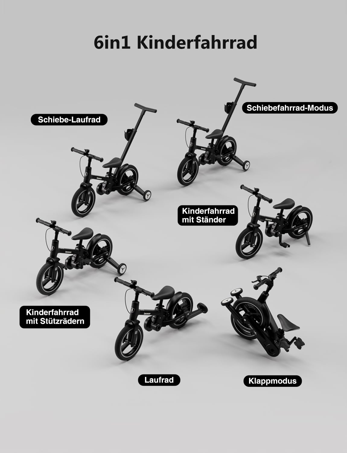 lecoco 6-in-1 Kinder Laufrad, Kinder fahrader Kinderspielzeug für 2-6 Jahre Kinderfahrrad mit Stützrädern und Pedalen 12 Zoll Faltbares Laufrad mit Verstellbarem Elternschiebegriff