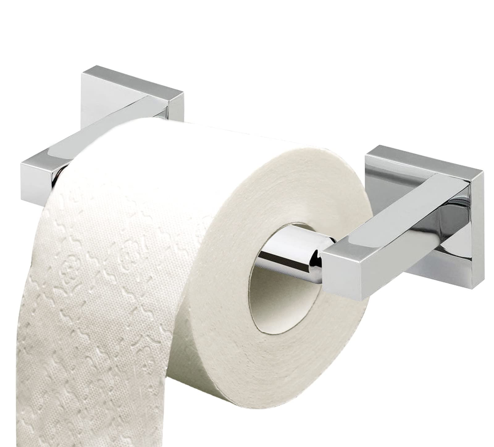 NTEK Square Wall Mounted Toilet Roll Holder, Traditional Toilet Paper Holder, Tissue Roll Paper Dispenser Hanger Rack Bar Wall Mount High Shine Polished Chrome Plated Finish Screws & Fittings