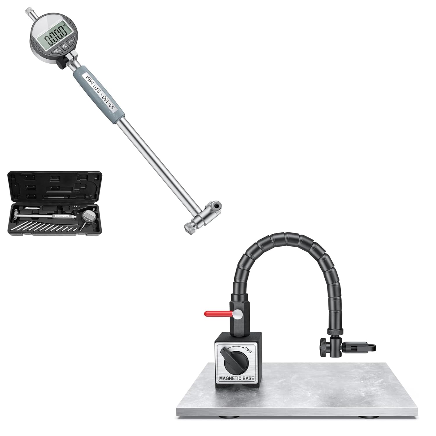 HDLNKAK Digital Dial Indicator Bore Gauges (2"-6"/0.0005") + Indicator Magnetic Base and Flex Arm Combo