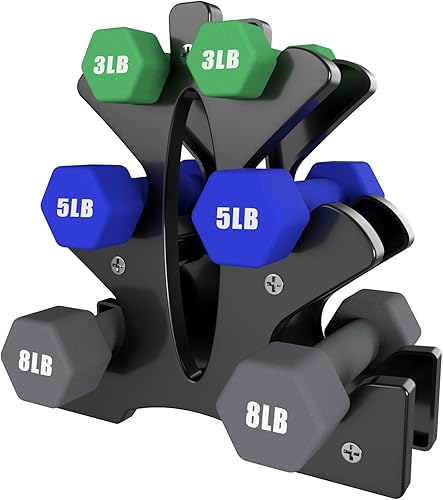 Miniatura 9 de Portzon Weights Dumbbells Set 3, 5, 8, and 10 Pound Neoprene Dumbbell Free Hand Weight Set with Rack, Ideal for Home Exercises, 32 LB, Anti-Slip,