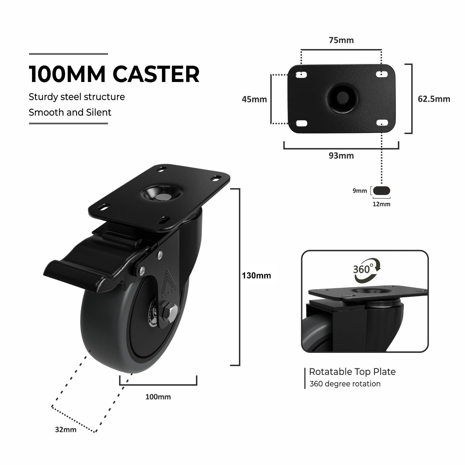 Juego de 4 ruedas giratorias de goma resistentes de 100 mm a 600 kg, juego de 4 ruedas grises de bajo ruido para muebles (juego de 4 con frenos)