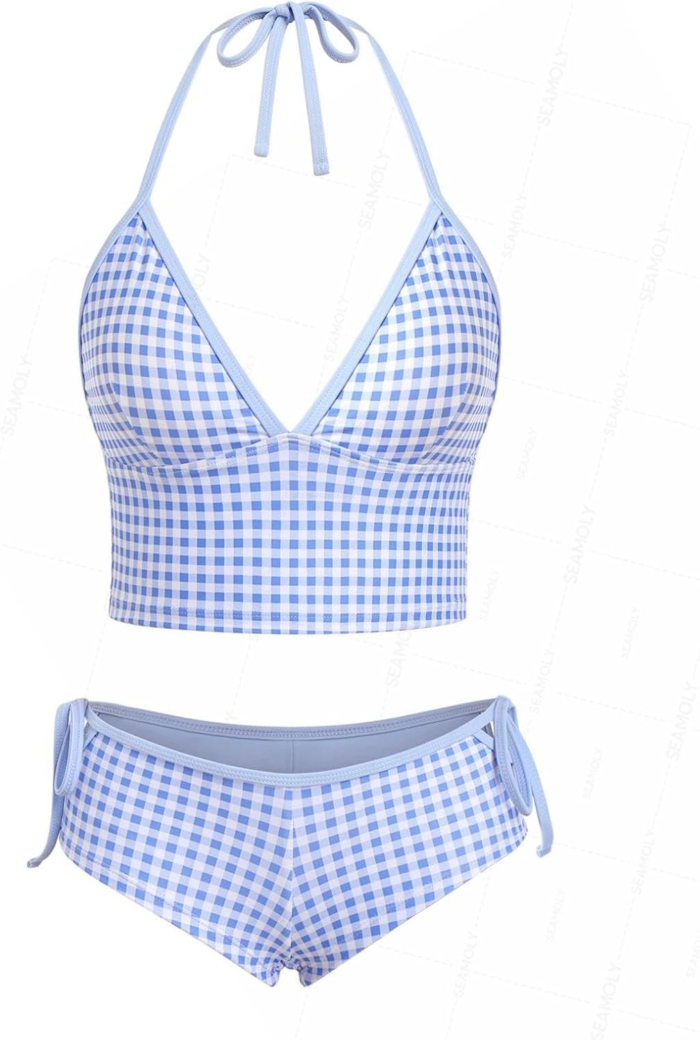 seamoly Women’s Red Gingham Tankini, Two Piece Halter Tank Top with Contrast Trim and Tie Side Boyshorts