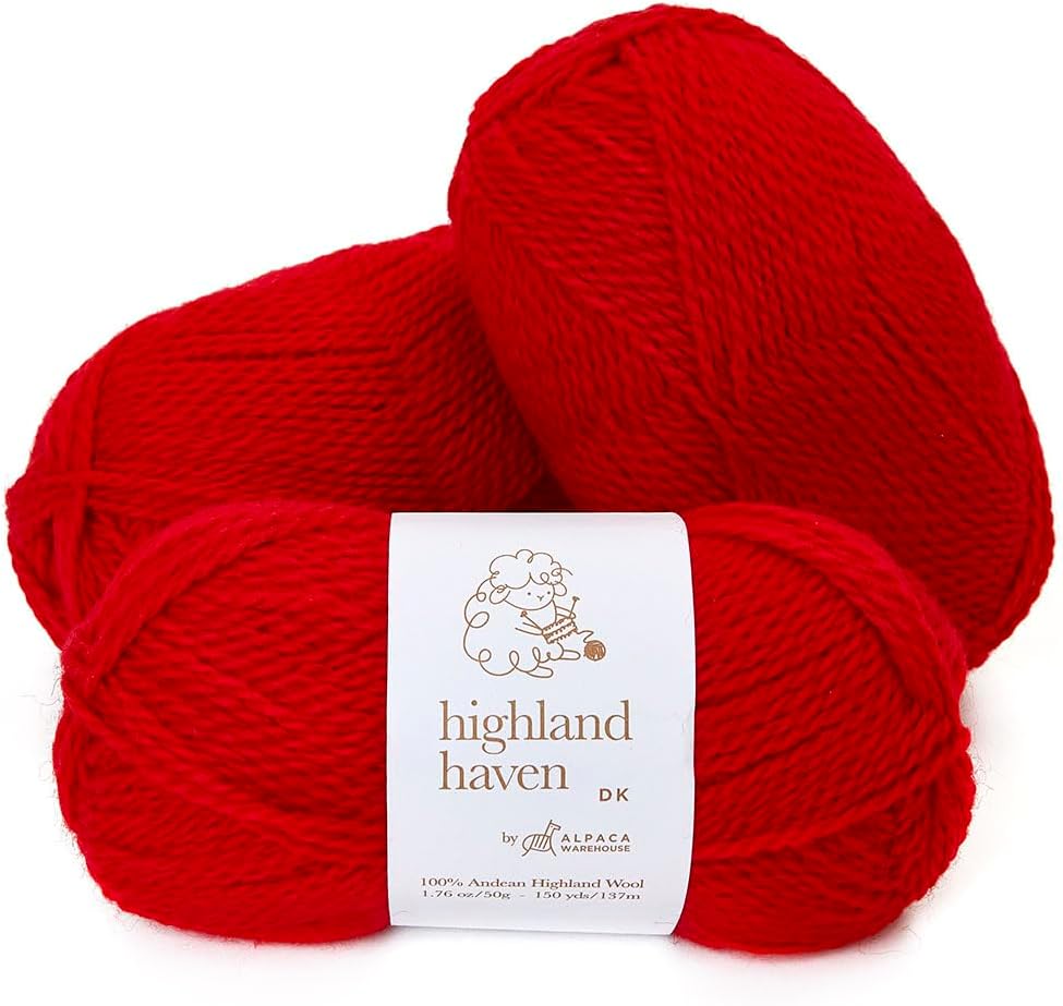 Alpaca Warehouse Highland Haven - 100% Highland Wool Yarn Set of 3 Skeins (150 Grams) DK Weight - Sourced Directly from Peru - Heavenly Soft and Perfect for Knitting and Crocheting (DK, Bright Red)
