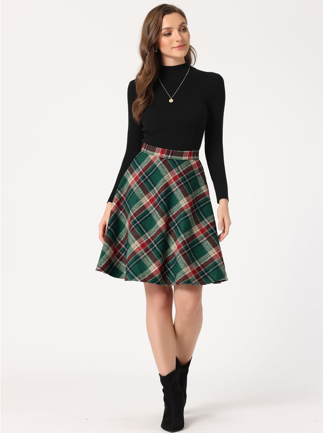 Allegra K Women's Plaids Vintage Tartan Elastic Waist Knee Length A-Line Skirt - Image 2