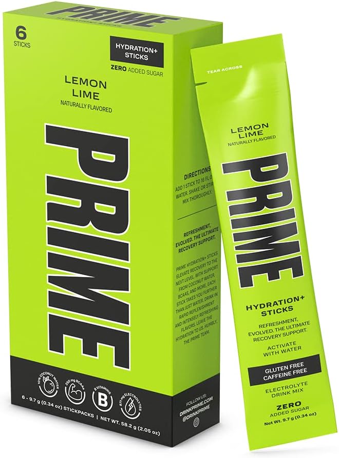 PRIME HYDRATION+ Stick Pack | Electrolyte Drink Mix | 10% Coconut Water | 250mg BCAAs | Antioxidants | Naturally Flavored | Zero Added Sugar | Easy Open Single-Serving Stick | Lemon Lime, 6 Sticks