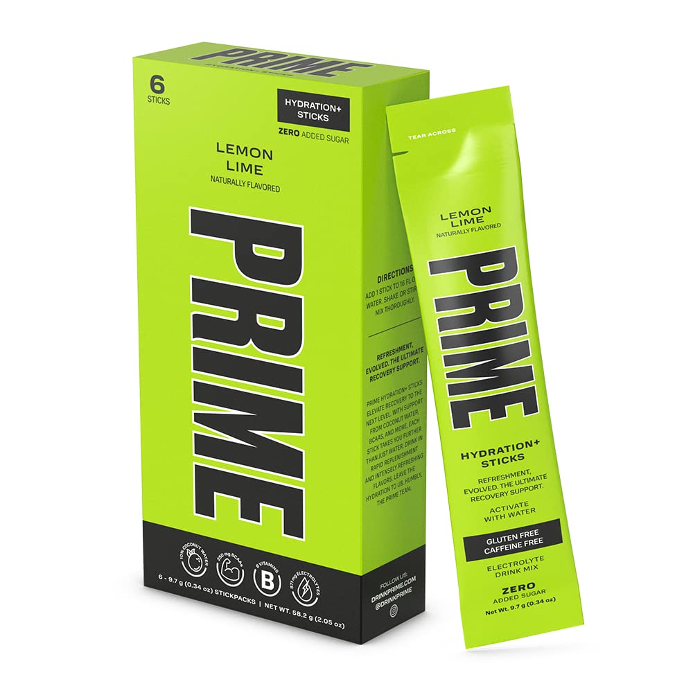 PRIME HYDRATION Sticks Lemon Lime | Hydration Powder Single Serve Sticks | Electrolyte Powder On The Go | Low Sugar | Caffeine-Free | Vegan | 6 Sticks