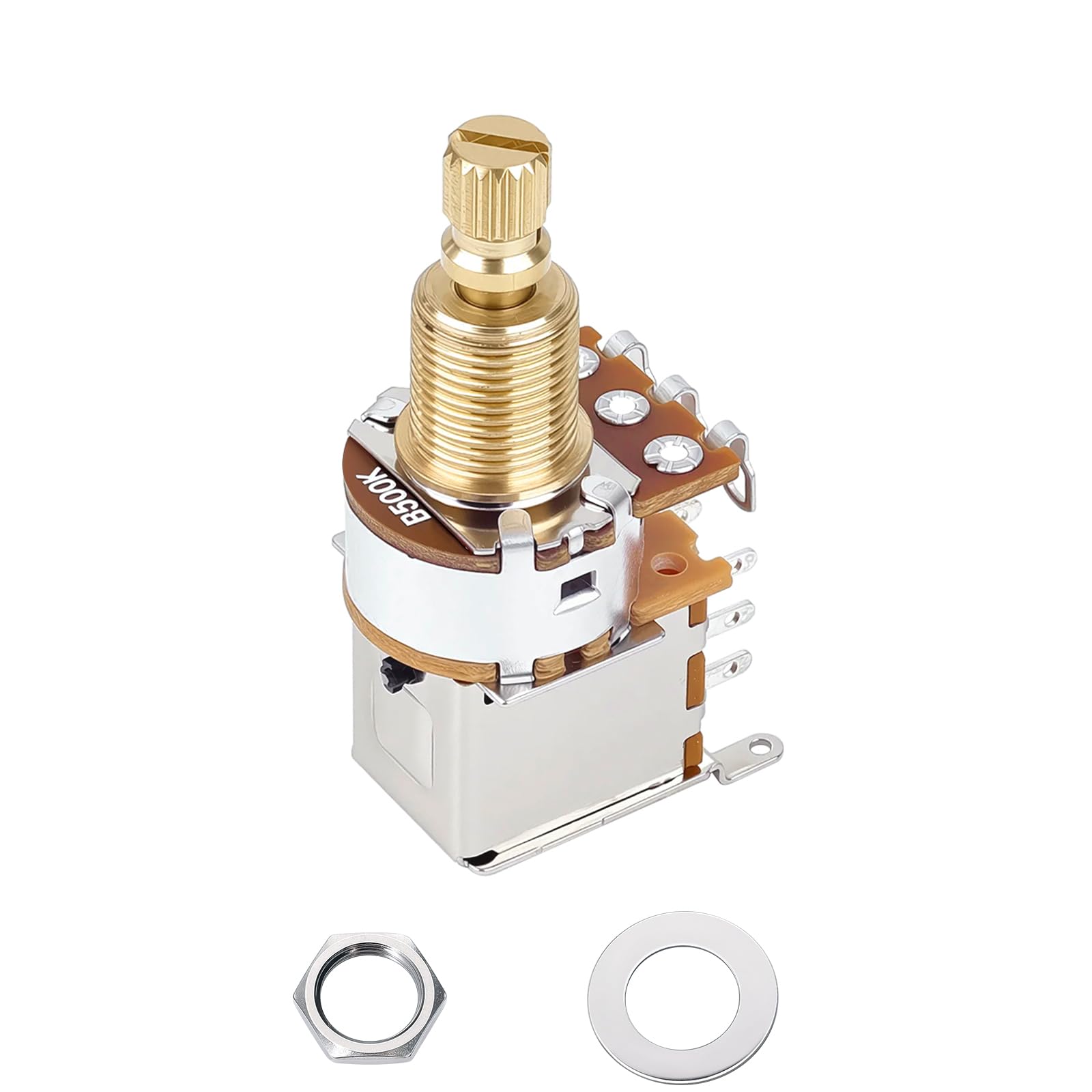 Banworks Full Brass B500K Imperial 3/8" Thread Push Push Guitar Pots 18-Spline Split Long Shaft (18mm Length) Linear Taper Potentiometers for Fender Strat/Tele Gibson Les Paul LP/SG PRS JT/XNQ-07